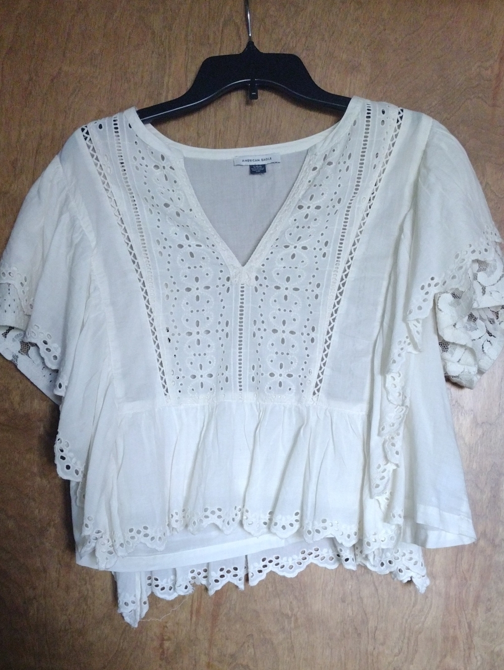 American Eagle Outfitters Cream Eyelet V-Neck Peplum Blouse